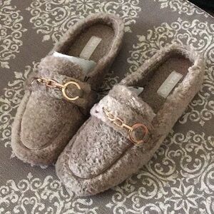 Women's Taupe Fuzzy Loafers with Gold Detail